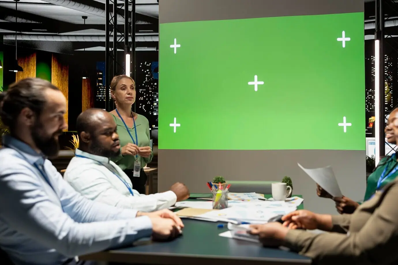 Unternehmensmitarbeitende halten nach Feierabend eine kurze Sitzung mit dem Mockup-Screen-Team ab, wobei Einblicke ausgetauscht werden und