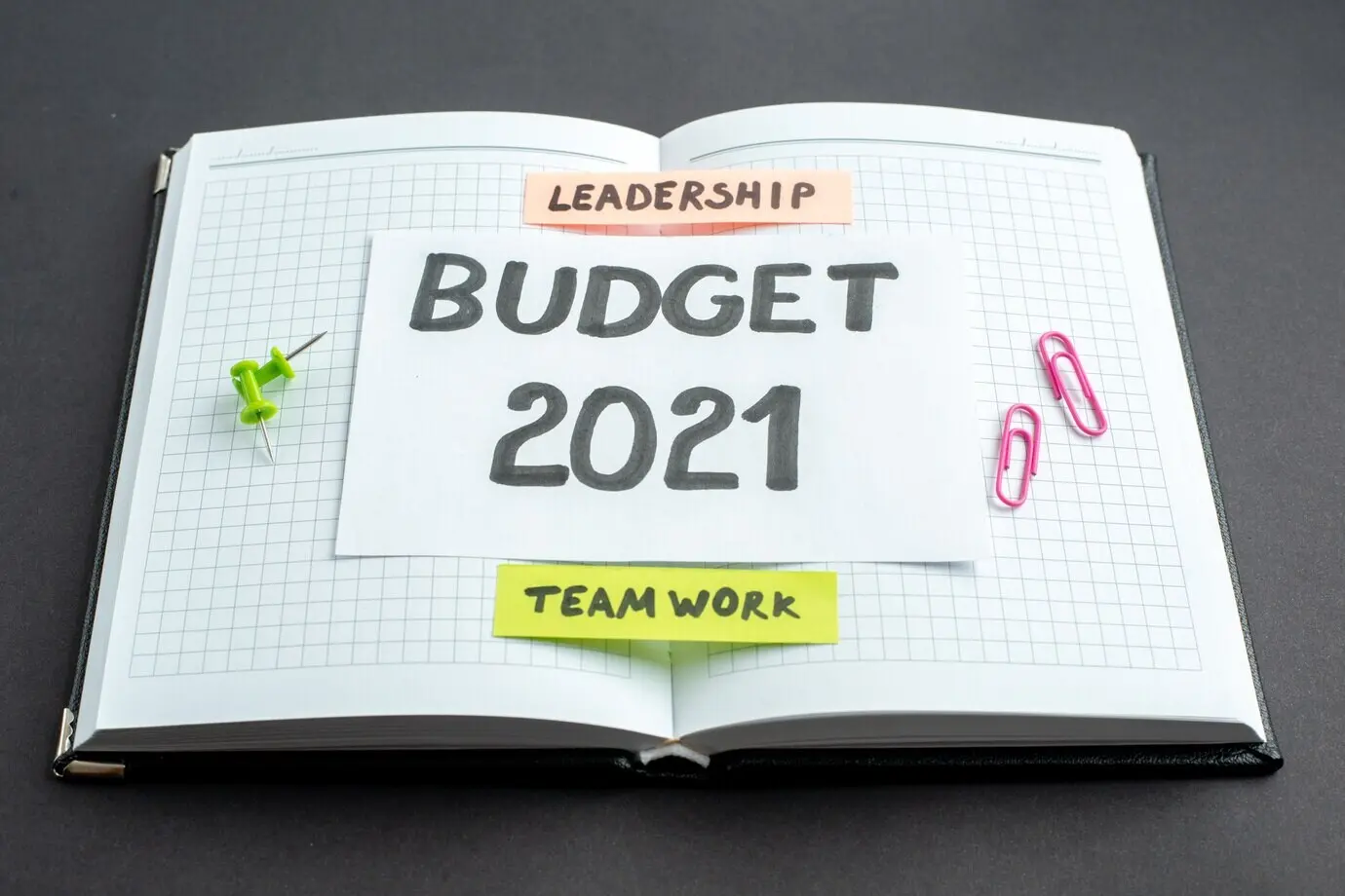 Frontalansicht einer Budget-Notiz in einem geöffneten Notizbuch auf dunklem Hintergrund.